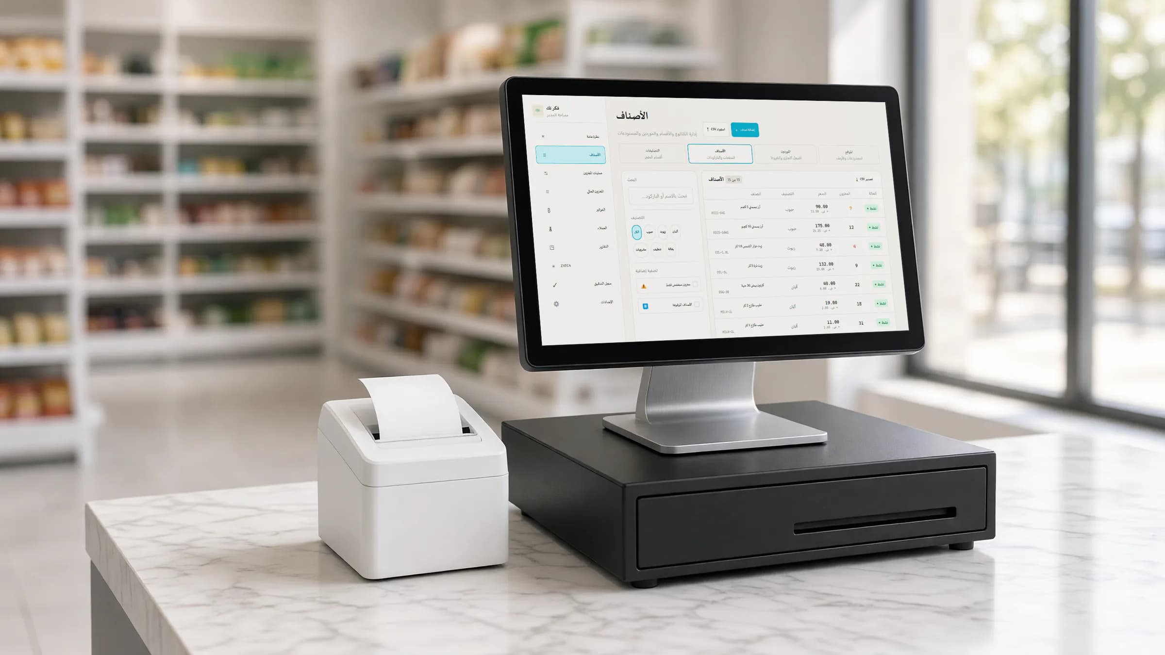 A modern shop counter: a Windows touch-screen device on a cash drawer, showing the FekirTech Retail products list, with a receipt printer beside it