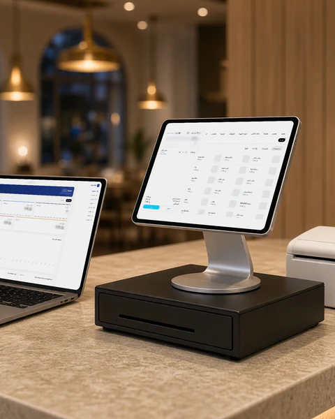 A POS station on a restaurant counter: an iPad on a stand over the cash drawer showing the FekirTech till, a laptop showing the dashboard, a receipt printer and a kitchen printer