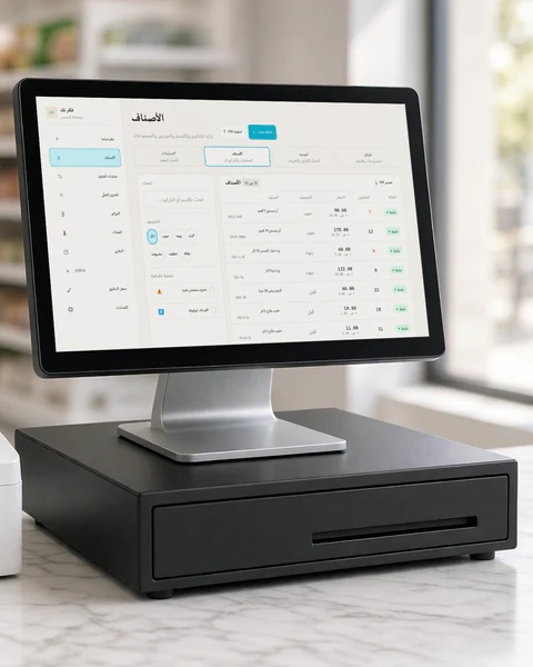 A modern shop counter: a Windows touch-screen device on a cash drawer, showing the FekirTech Retail products list, with a receipt printer beside it