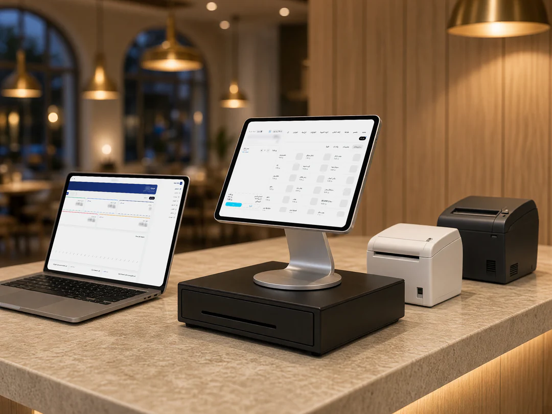 A POS station on a restaurant counter: an iPad on a stand over the cash drawer showing the FekirTech till, a laptop showing the dashboard, a receipt printer and a kitchen printer